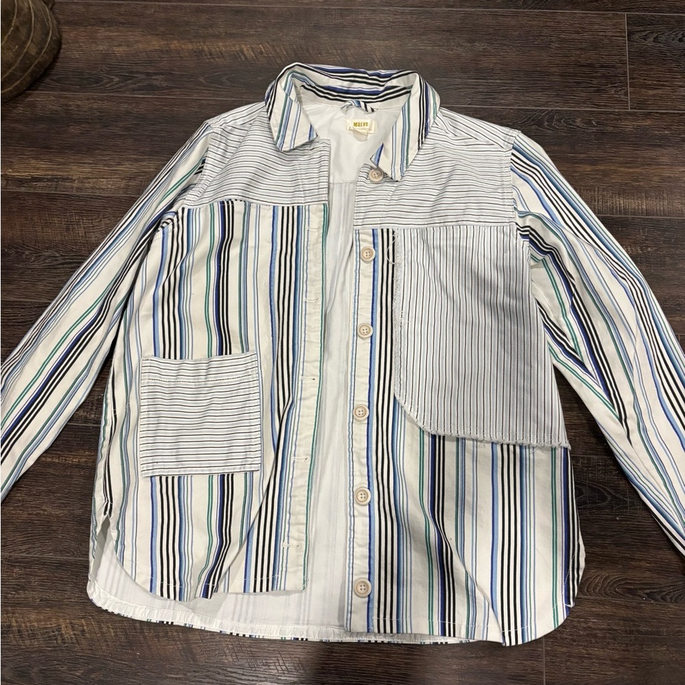 Maeve Anthropologie Jacket Size L Shacket Striped Denim Button Front Boxy